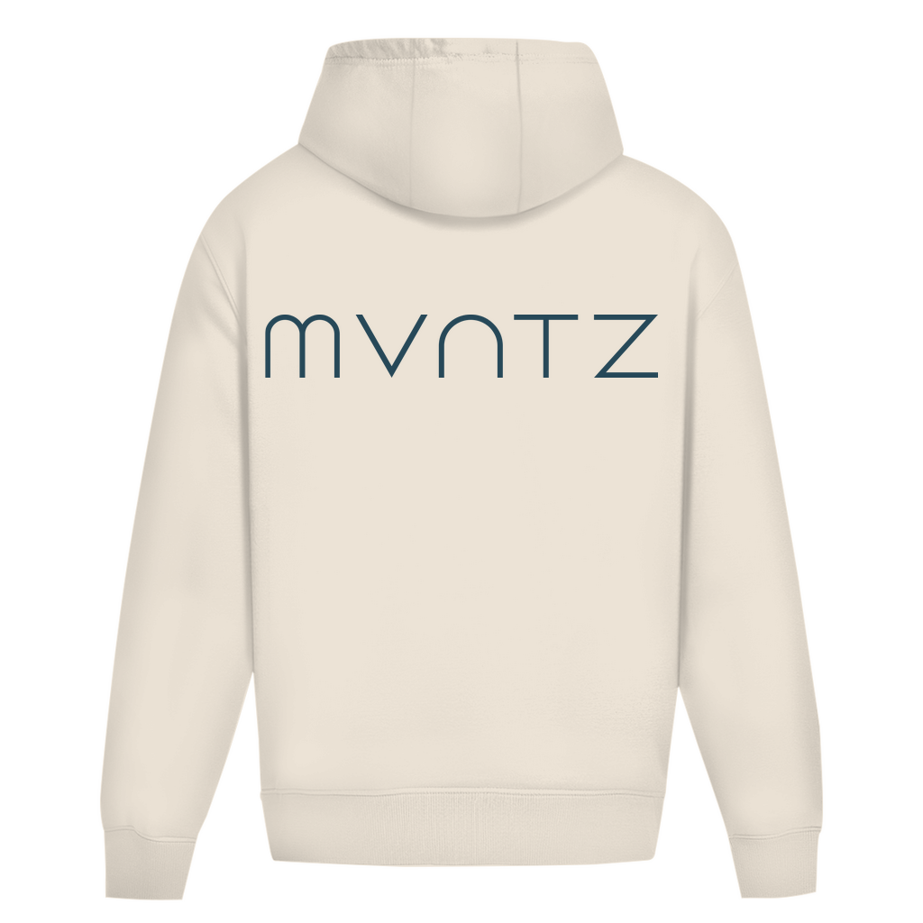 Sandfarbener Unisex Hoodie – weicher, dicker Stoff mit großem MVNTZ Logo hinten, lässiger Oversize Fit