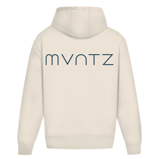 Sandfarbener Unisex Hoodie – weicher, dicker Stoff mit großem MVNTZ Logo hinten, lässiger Oversize Fit
