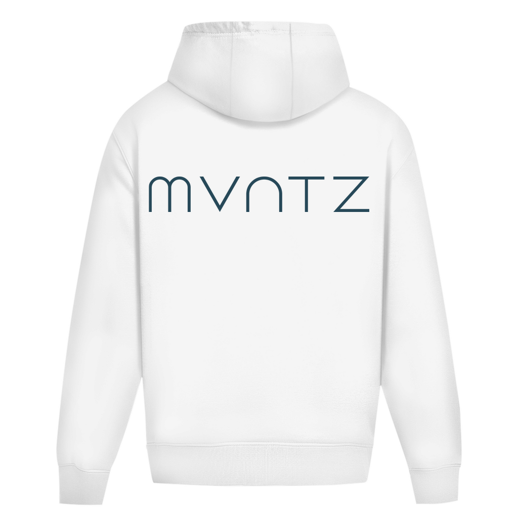 Weißer unisex Hoodie – dicker, weicher Stoff mit großem MVNTZ Logo auf dem Rücken, leichter Oversize Fit