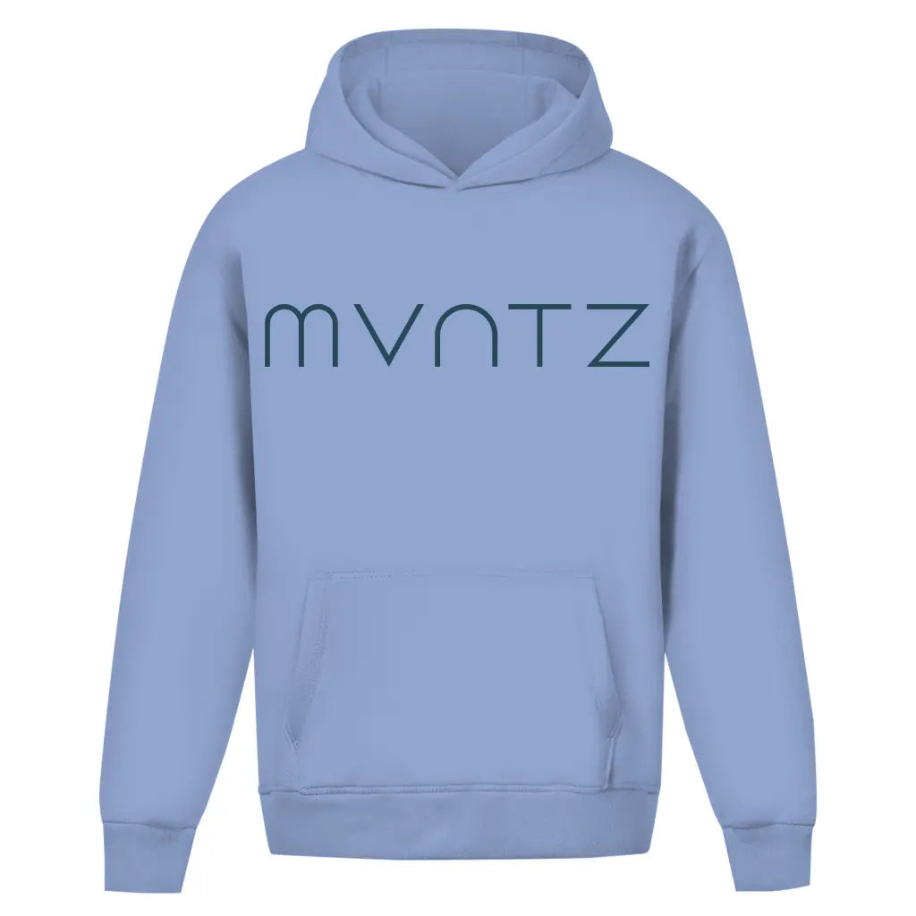 Unisex Hoodie in Puderblau – dicker, weicher Stoff mit großem MVNTZ Logo vorn, leichter Oversize Fit