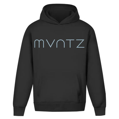 Schwarzer unisex Hoodie – dicker, weicher Stoff mit großem weißen MVNTZ Logo auf der Vorderseite