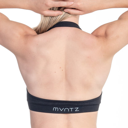 Rückenansicht des schwarzen Sport-BHs – stilvoller Neckholder mit offenem Rücken & perfektem Sitz